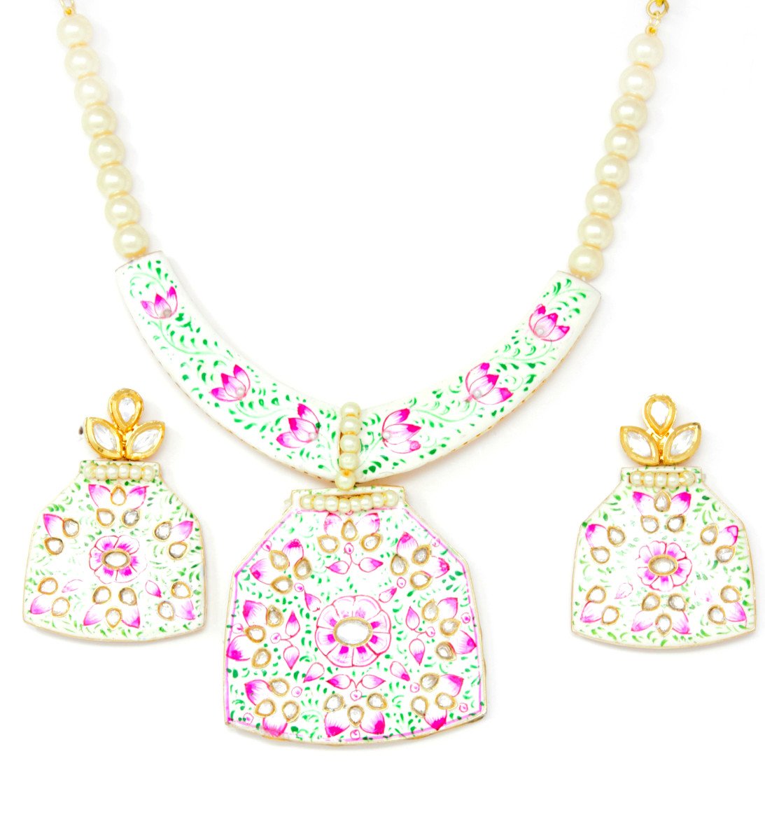 White Meenakari Gold Necklace Set with Earrings