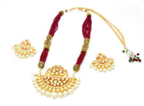 Maroon Layered Beads Gold Kundan Pendant Long Necklace With Pearl Drops